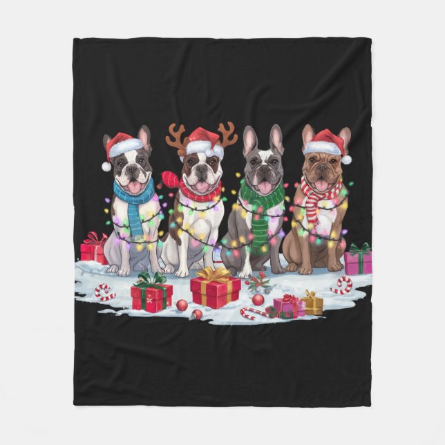 French bulldog Santa hat antlers elf Christmas Fleece Blanket (Front)