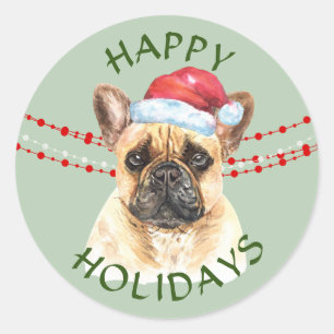 French Bulldog Santa Hat Happy Holidays Classic Round Sticker
