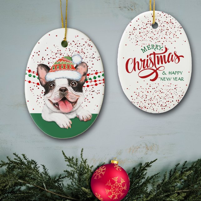 French Bulldog Santa Hat Red Confetti Ceramic Tree Decoration (Creator Uploaded)