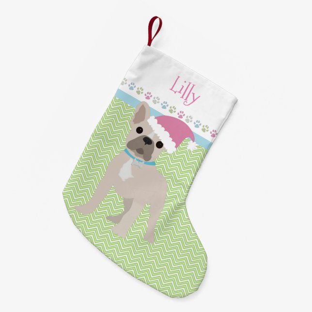 French Bulldog Santa Personalised Pastels Small Christmas Stocking (Front (Hanging))