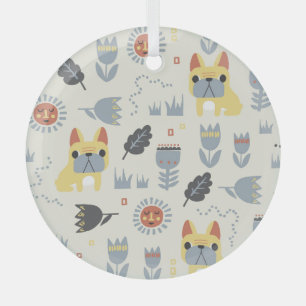 French Bulldog: Scandinavian Floral Repeat. Glass Tree Decoration