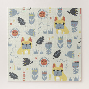 French Bulldog: Scandinavian Floral Repeat. Jigsaw Puzzle