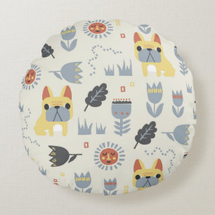 French Bulldog: Scandinavian Floral Repeat. Round Cushion