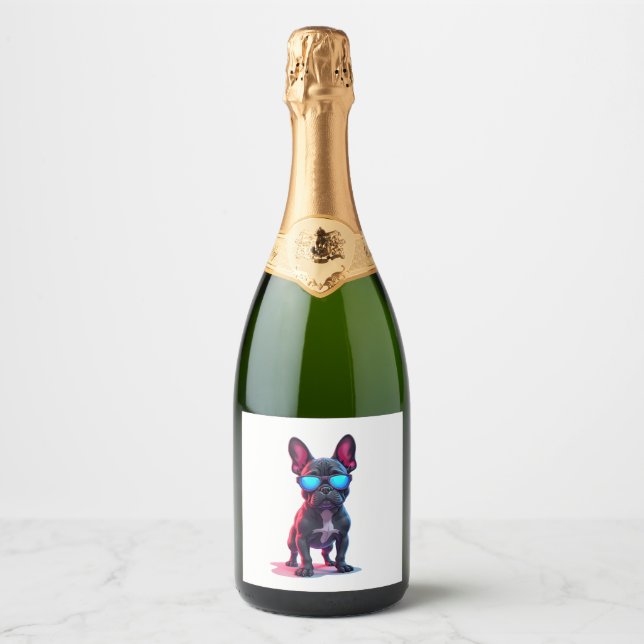 French Bulldog SciFi Wearing Cool Sunglasses Sparkling Wine Label (Front)