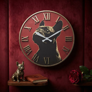 French Bulldog Silhouette Red & Black Pet Decor Large Clock