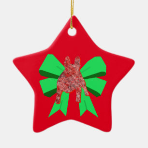 French Bulldog Silhouette Red& Green Bow Christmas Ceramic Tree Decoration
