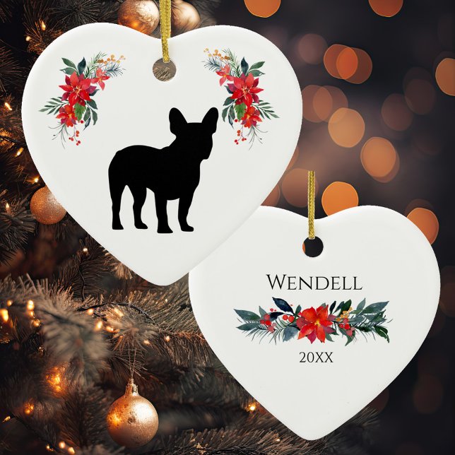 French Bulldog Silhouette with Name Poinsettia  Ceramic Tree Decoration (Creator Uploaded)