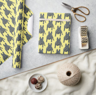 French Bulldog Silhouette Y&B Grid Yellow Wrapping Paper