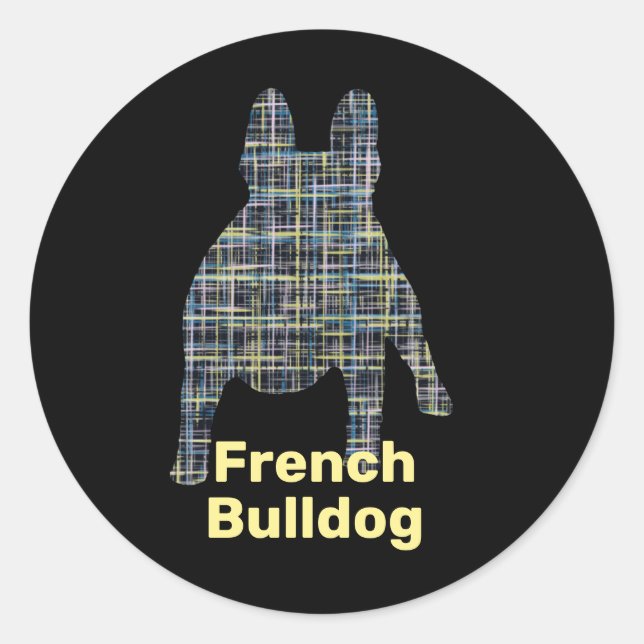 French Bulldog Silhouette Yellow & Black Grid Classic Round Sticker (Front)
