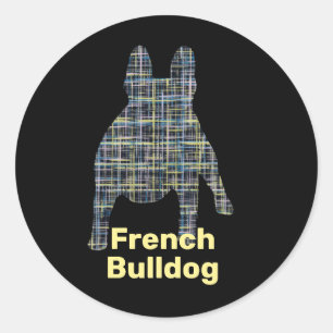 French Bulldog Silhouette Yellow & Black Grid Classic Round Sticker
