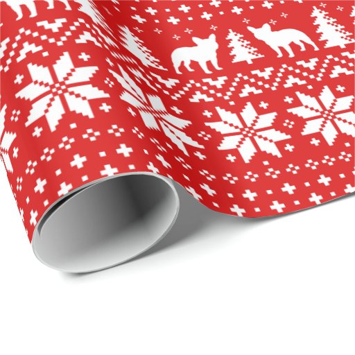 Image of French Bulldog Silhouettes Christmas Pattern Red Wrapping Paper