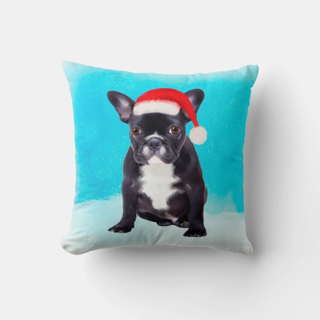 French Bulldog Sitting In Snow With Santa Hat Cushion (Front)