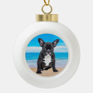French Bulldog Sitting On Beach Ceramic Ball Christmas Ornament