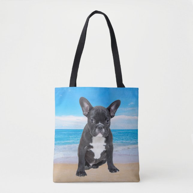 French Bulldog Sitting On Beach Tote Bag (Front)