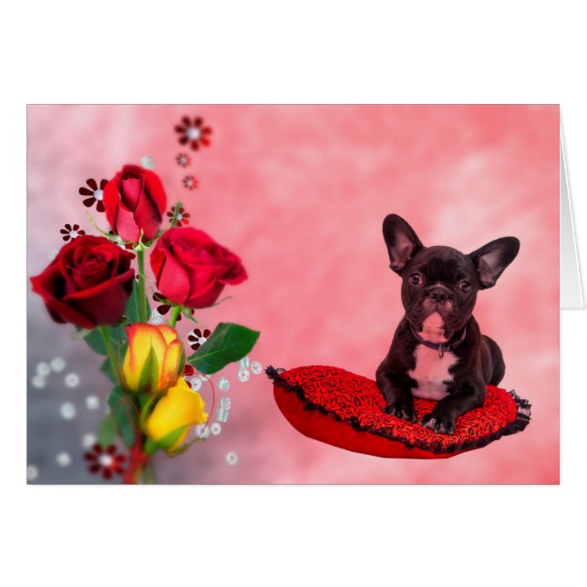 French Bulldog Sitting on Heart Pillow and Flowers (Front Horizontal)