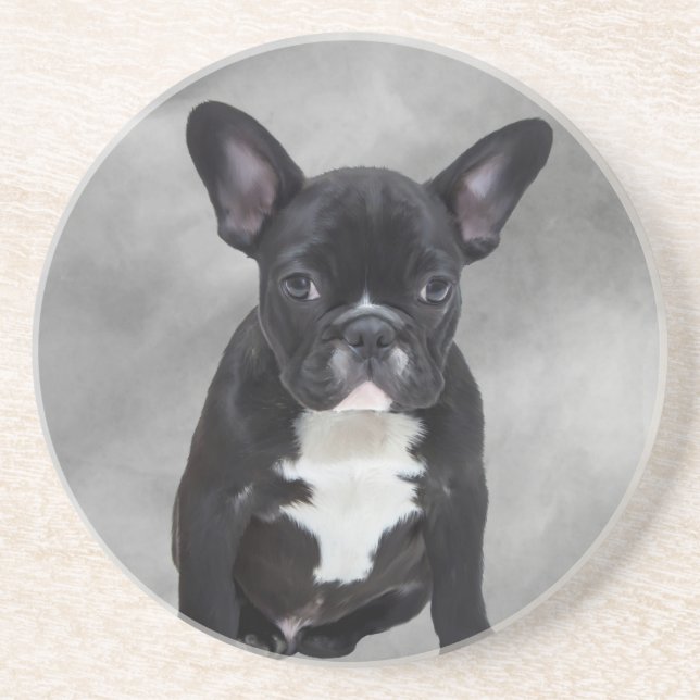 French Bulldog Sitting Watercolor Oil Painting Coaster (Front)