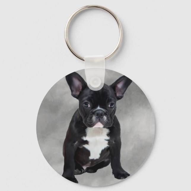 French Bulldog Sitting Watercolor Oil Painting Key Ring (Front)
