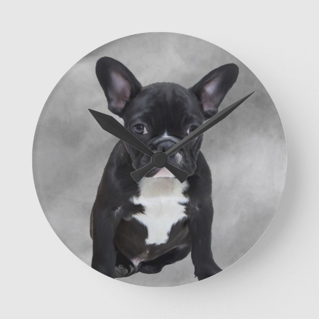 French Bulldog Sitting Watercolor Oil Painting Round Clock (Front)