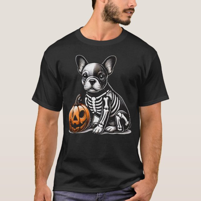 French Bulldog Skeleton Pumpkin Funny Wiener Dog H T-Shirt (Front)