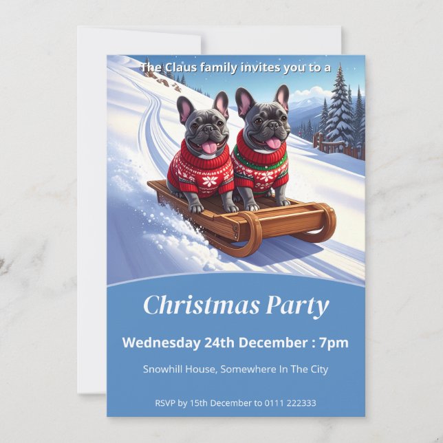 French Bulldog Sled Ride Christmas Invitation (Front)