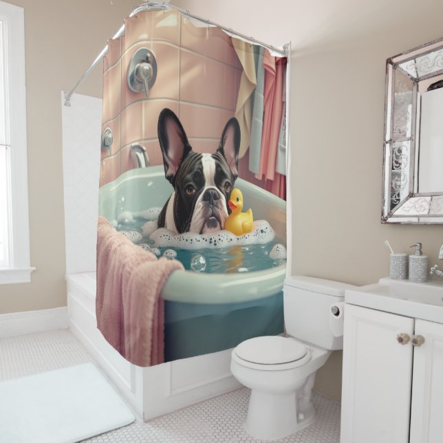French Bulldog Sloppy Sleepy Cute Funny Shower Curtain (In Situ)
