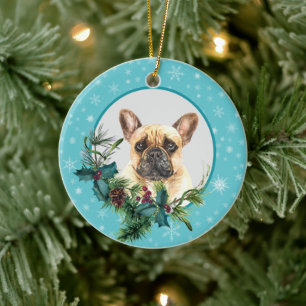 French Bulldog Snowflake Blue Frame Bouquet Ceramic Tree Decoration