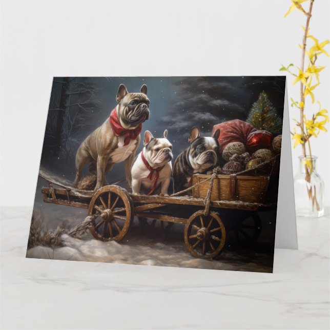 French Bulldog Snowy Sleigh Christmas Decor Card (Yellow Flower)