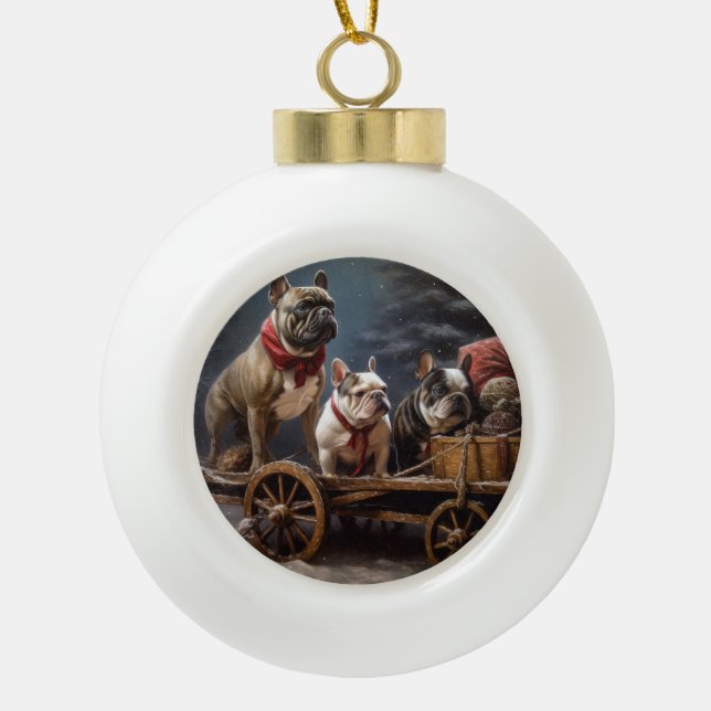 French Bulldog Snowy Sleigh Christmas Decor Ceramic Ball Christmas Ornament (Front)