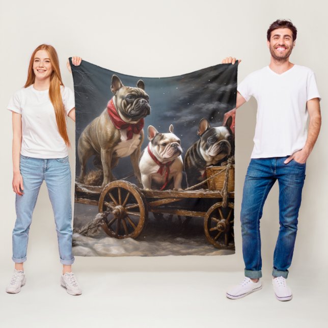 French Bulldog Snowy Sleigh Christmas Decor Fleece Blanket (In Situ)