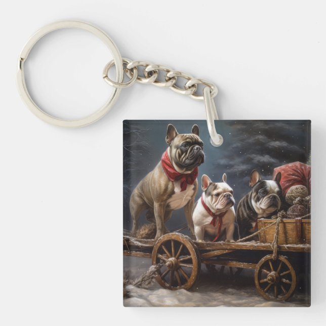 French Bulldog Snowy Sleigh Christmas Decor Key Ring (Front)