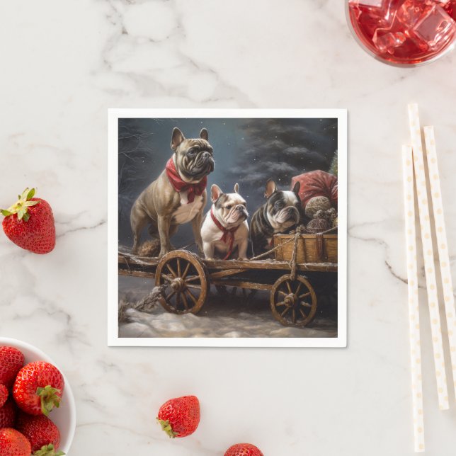 French Bulldog Snowy Sleigh Christmas Decor Napkin (Insitu)