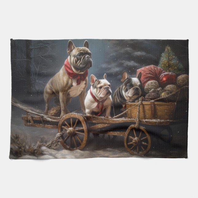 French Bulldog Snowy Sleigh Christmas Decor Tea Towel (Horizontal)