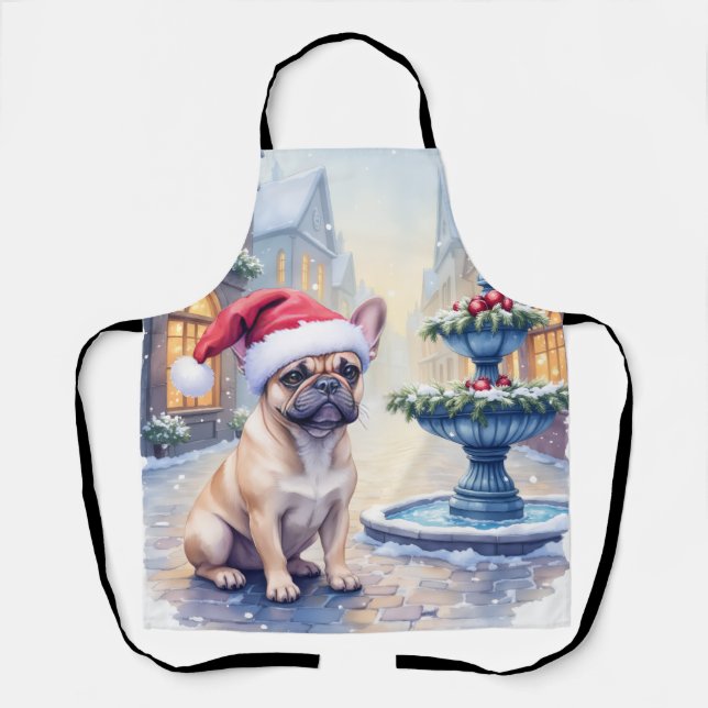 French Bulldog Snowy Town Fountain Santa Christmas Apron (Front)