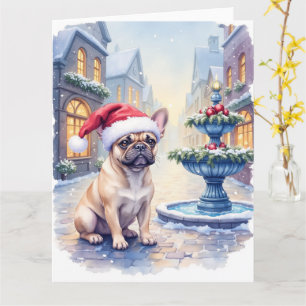 French Bulldog Snowy Town Fountain Santa Christmas Card