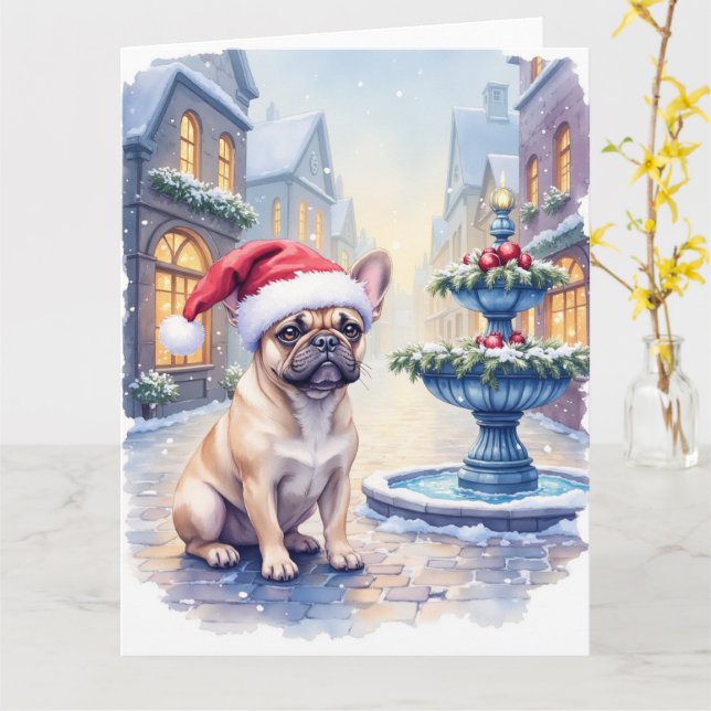 French Bulldog Snowy Town Fountain Santa Christmas Card (Yellow Flower)