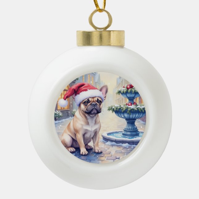 French Bulldog Snowy Town Fountain Santa Christmas Ceramic Ball Christmas Ornament (Front)