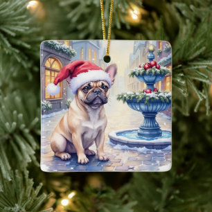 French Bulldog Snowy Town Fountain Santa Christmas Ceramic Ornament