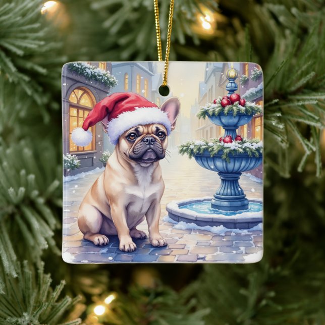 French Bulldog Snowy Town Fountain Santa Christmas Ceramic Ornament (Tree)