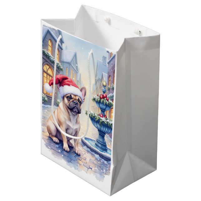 French Bulldog Snowy Town Fountain Santa Christmas Medium Gift Bag (Front Angled)