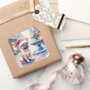 French Bulldog Snowy Town Fountain Santa Christmas Square Sticker