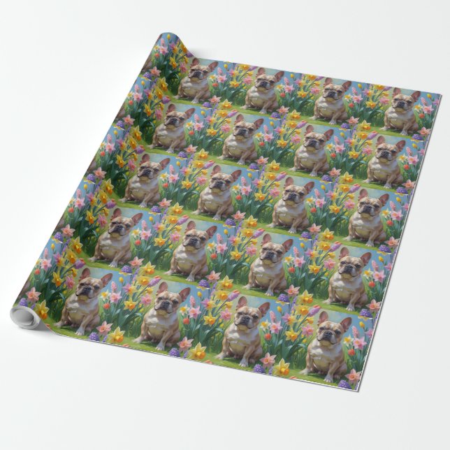 French Bulldog Spring Flowers Painting Wrapping Paper (Unrolled)