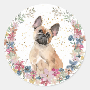 French Bulldog Spring Flowers Wreath Classic Round Sticker