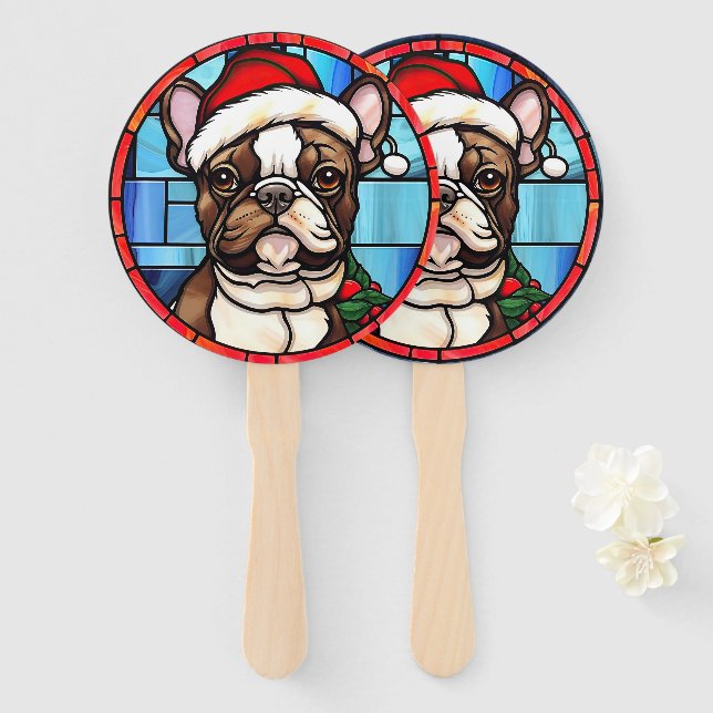 French Bulldog Stained Glass Christmas  Hand Fan (Front and Back)