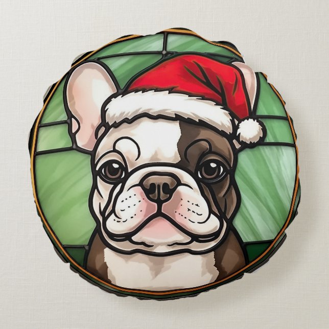 French Bulldog Stained Glass Christmas Round Cushion (Back)