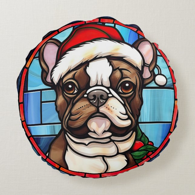 French Bulldog Stained Glass Christmas  Round Cushion (Back)