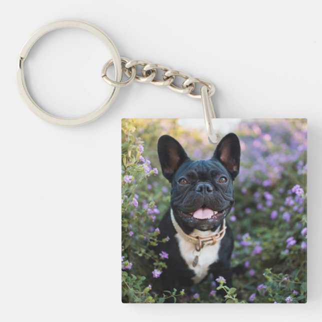 French Bulldog Stands in Flowers Key Ring (Front)