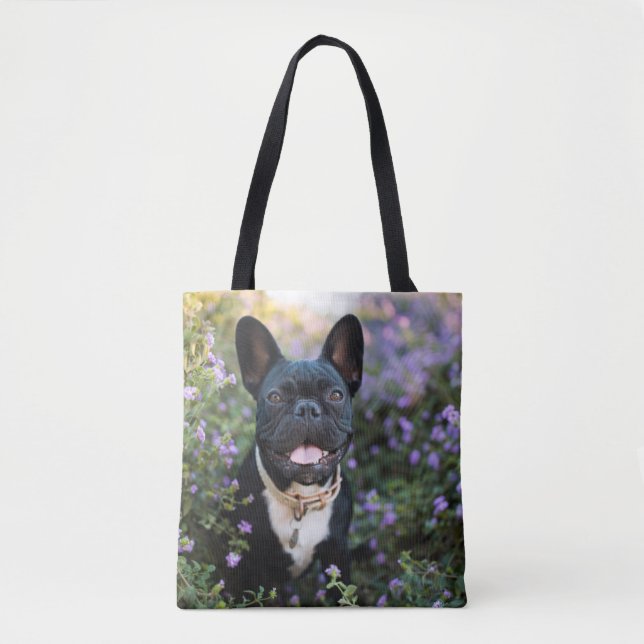 French Bulldog Stands in Flowers Tote Bag (Front)