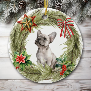 French Bulldog Star Bow Wreath Ceramic Tree Decoration