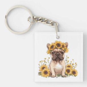 French Bulldog Surrounded By Sunflowers Key Ring