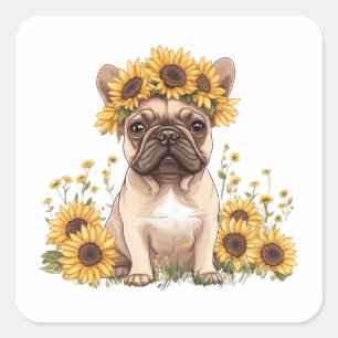 French Bulldog Surrounded By Sunflowers Square Sticker